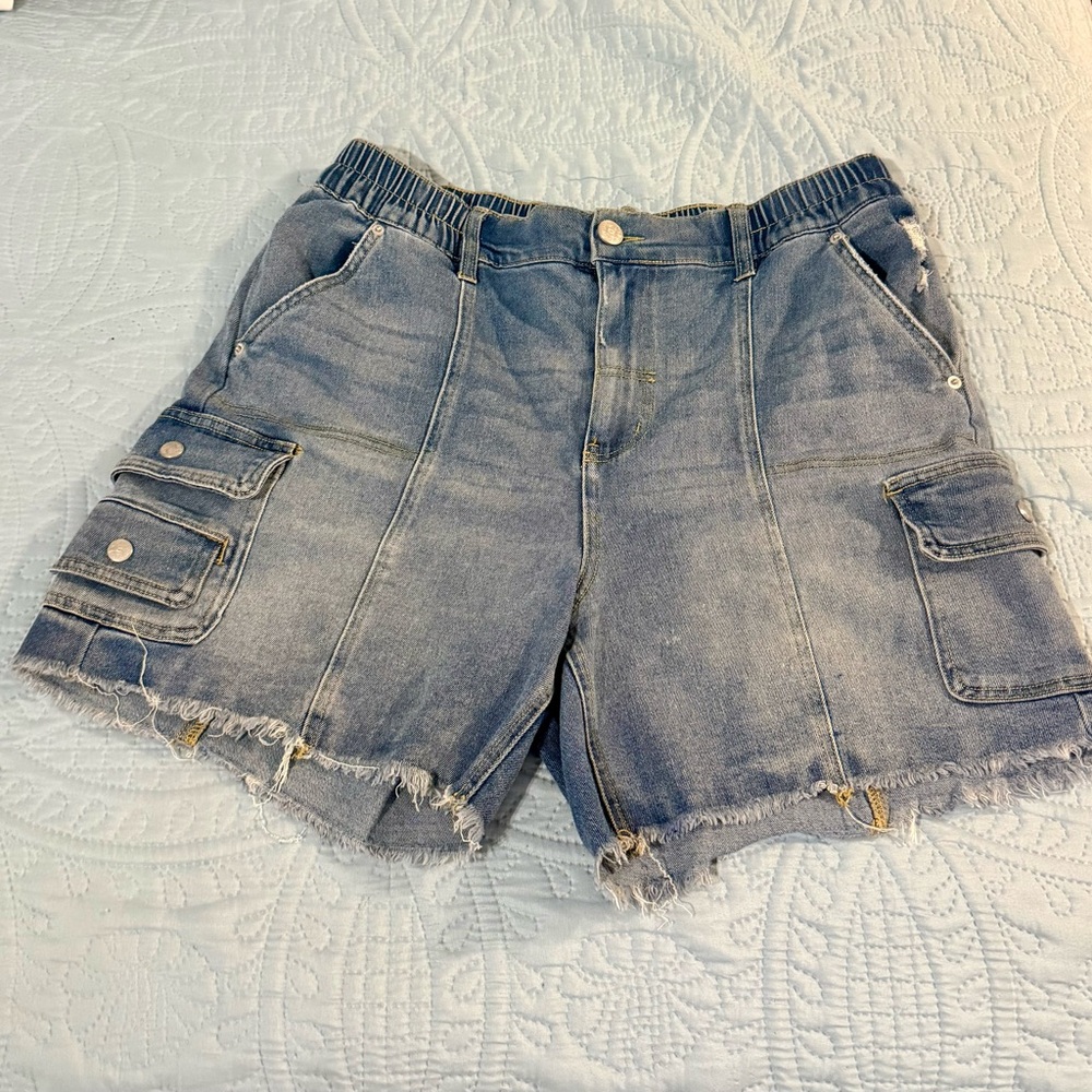 One5One Denim Cargo Fray Hem Shorts - Blue